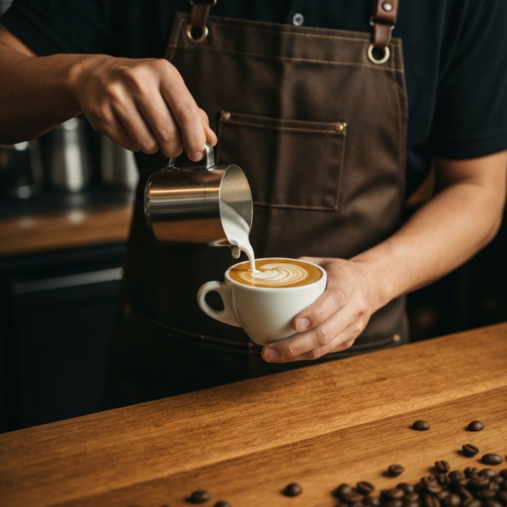 Barista pouring steamed milk into espresso