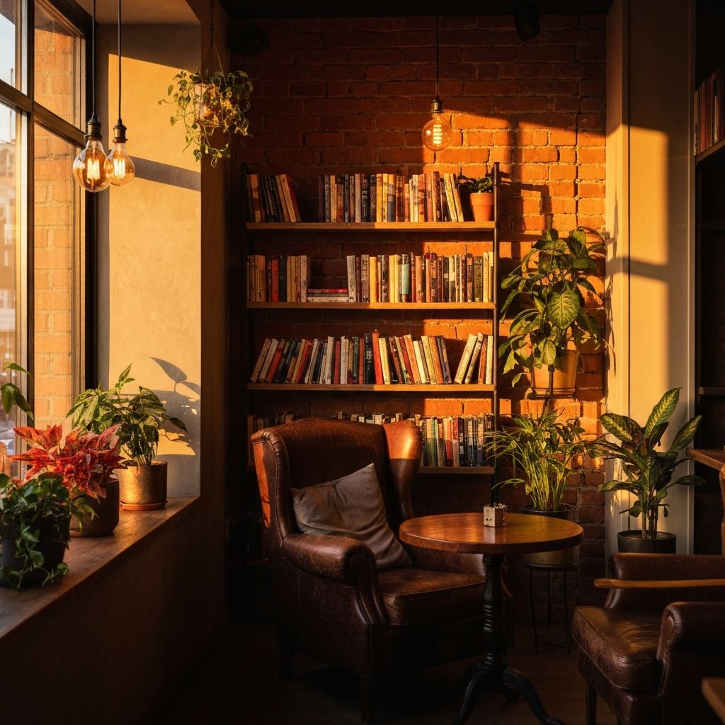 Cozy reading corner with leather armchair and bookshelf