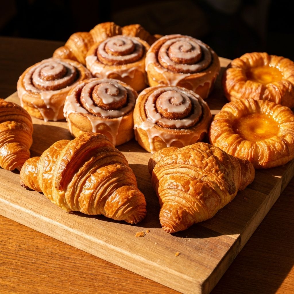 Fresh croissants and pastries on a wooden board